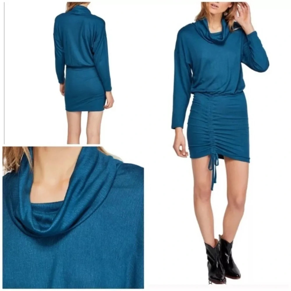 NWT Free People Sundown Mini Ruched Knit sweater Dress cowl neck 0B890369 green